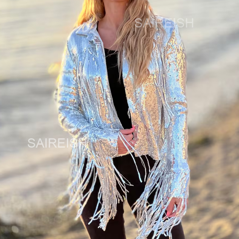 Women'S Fashion Bomber Jacket - سترة هاراجوكو للجنسين مُزينة بالترتر وسترة