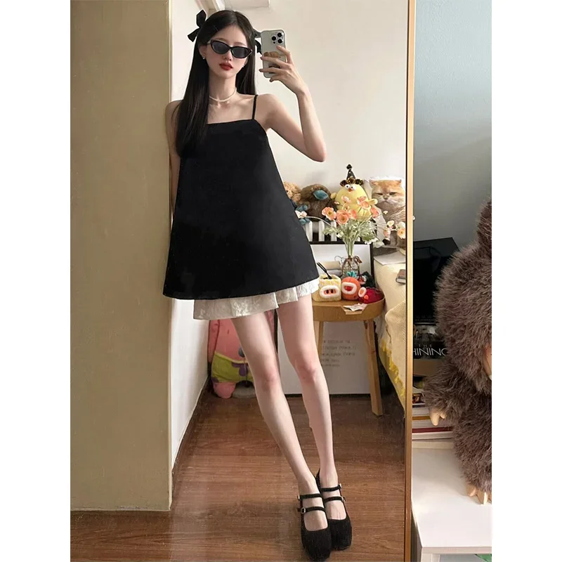 Lace Trim Cami - تباين الألوان شيك فتاة 2 قطعة