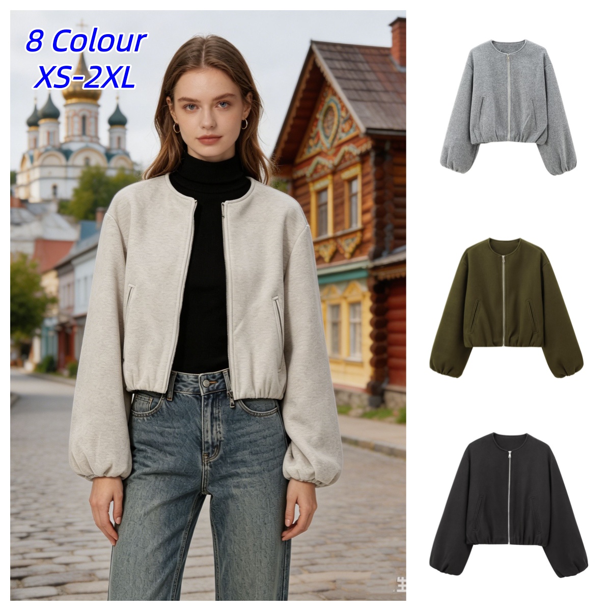 Women'S Fashion Bomber Jacket - جاكيتات بومبر نسائية دائرية بسحاب بتصميم