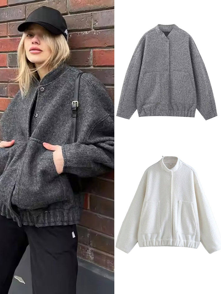 Women'S Fashion Bomber Jacket - معطف نسائي فضفاض غير رسمي بأزرار
