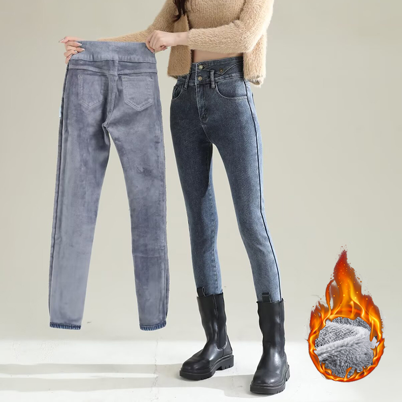 Women Fashion Jeans - الشتاء سيدة شيك أفخم الحرارية مستقيم