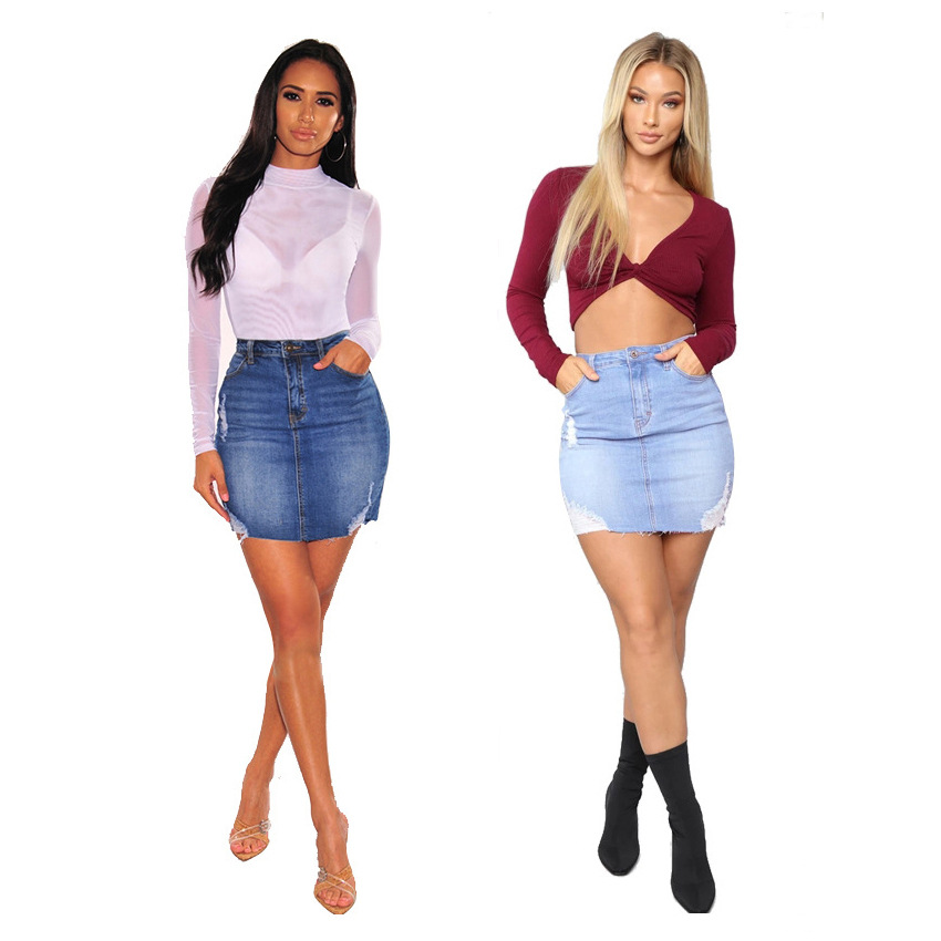 Women Fashion Jeans - تنانير جينز قصيرة للنساء بتصميم ممزق،