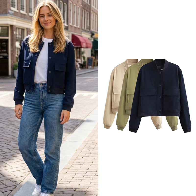 Women'S Fashion Bomber Jacket - Willshela-سترات بومبر نسائية أحادية اللون ،