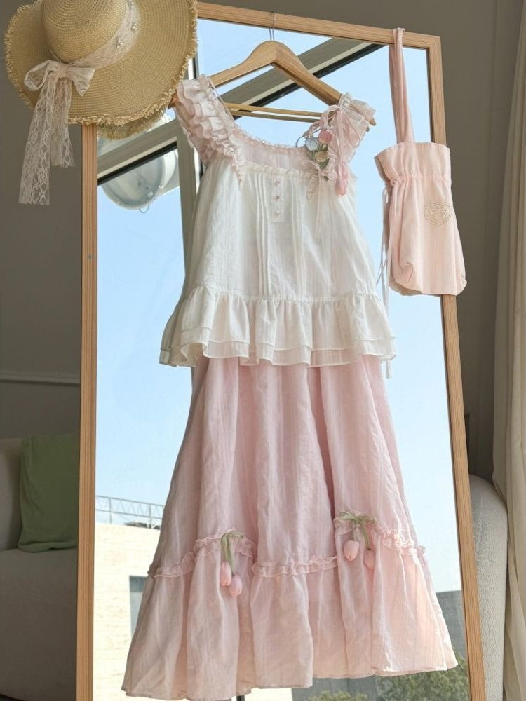Lace Trim Cami - طقم نسائي من قطعتين بتصميم كاواي