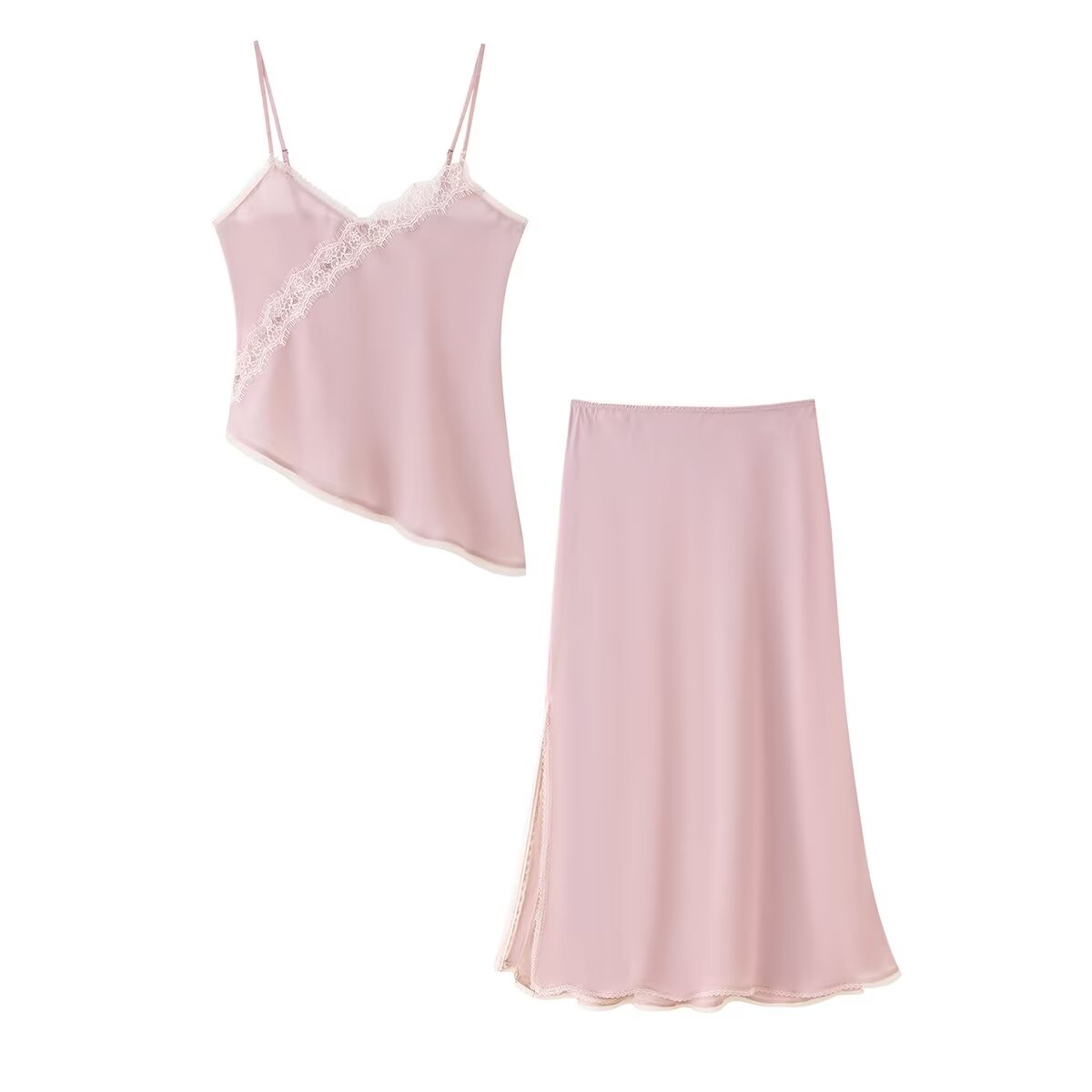 Lace Trim Cami - طقم توب وتنورة نسائي وردي من